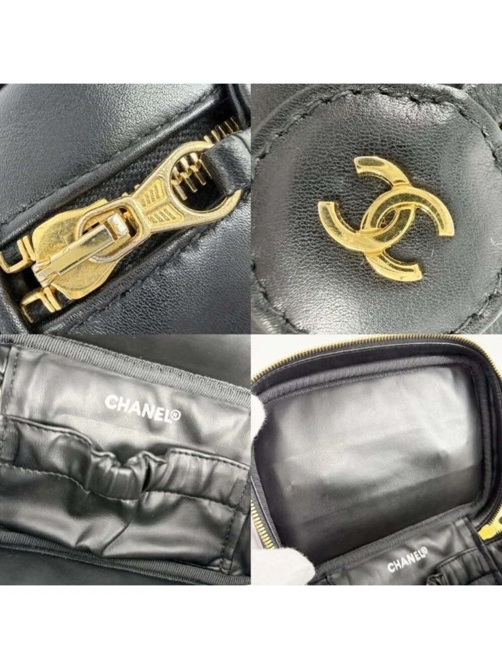 Chanel Pouch Makeup Bicolor Vanity Leather Black Gold